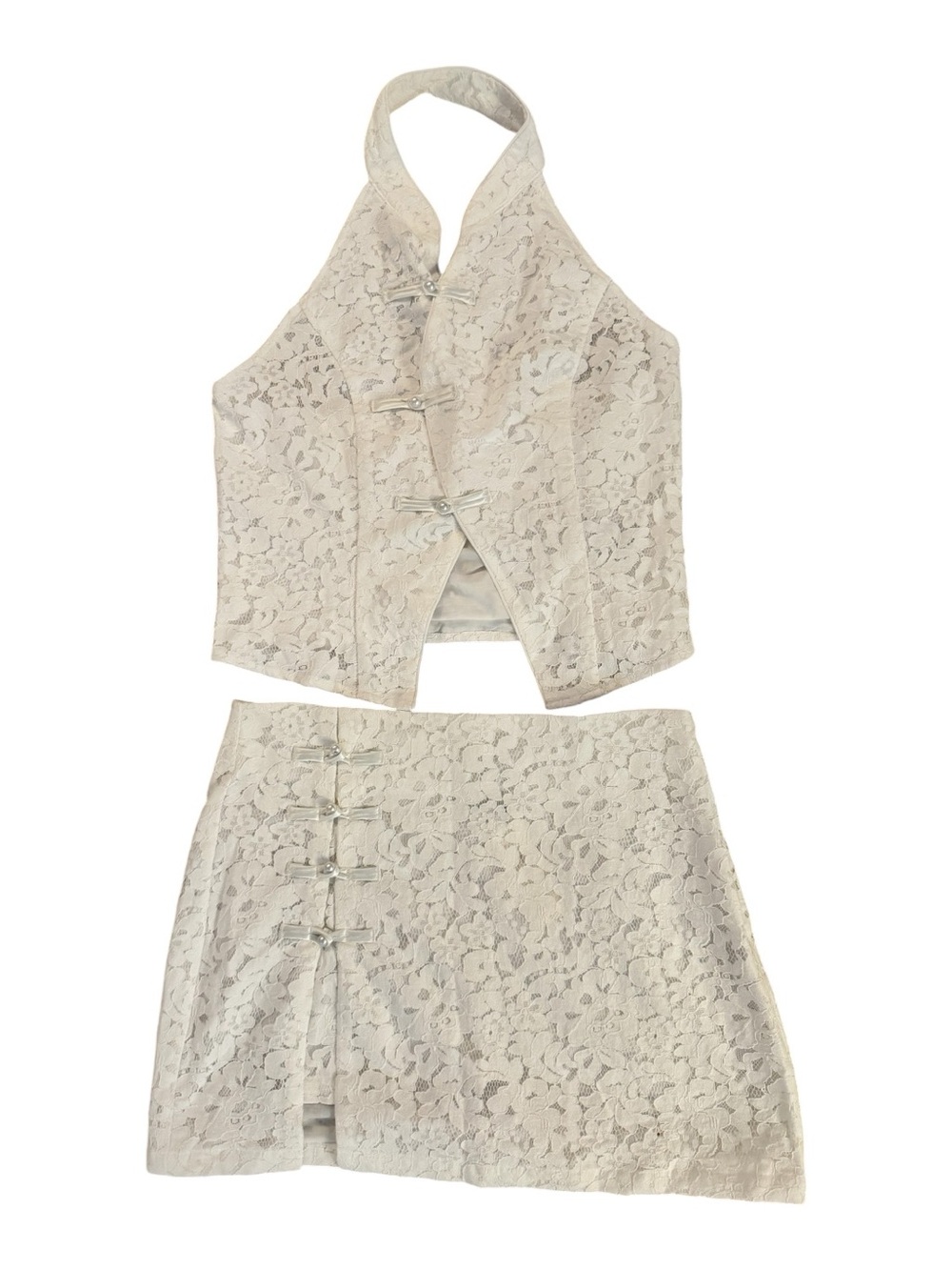 Commense Cream Lace Halter Top & Matching Mini Skirt Set